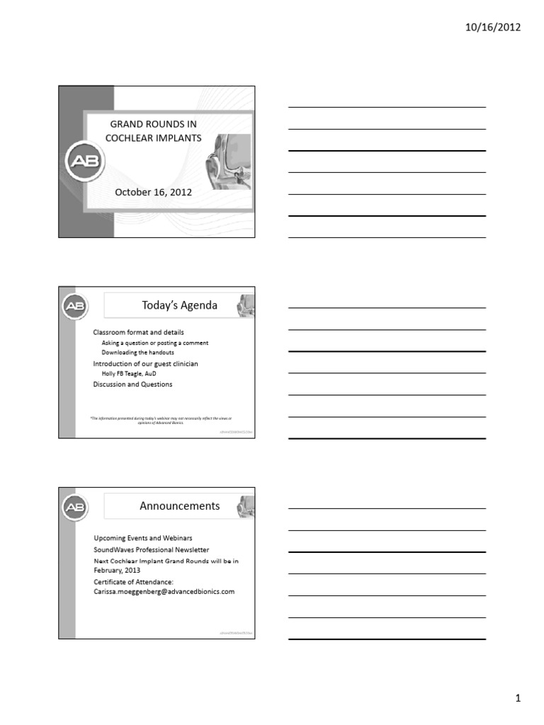 Grand Rounds IN Cochlear Implants: Today's Agenda | PDF