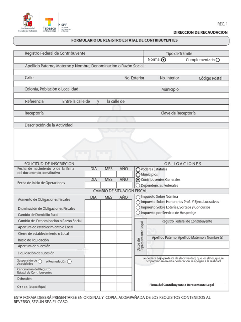Formulario REC 1 para Contribuyentes | PDF | Impuestos | Gobierno