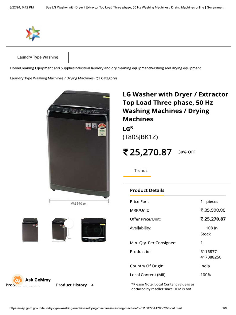 LG Washer With Dryer Extractor Top Load Three Phase, 50 HZ Washing ...