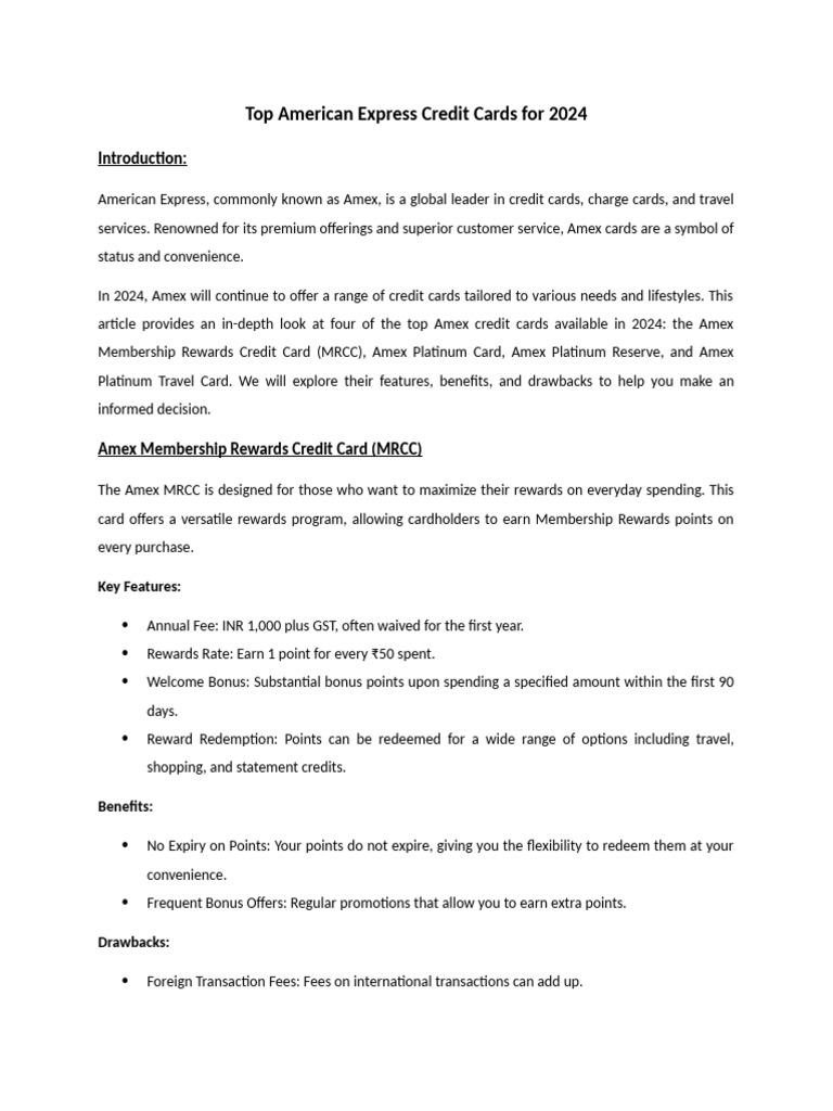 Top American Express Credit Cards For 2024 | PDF