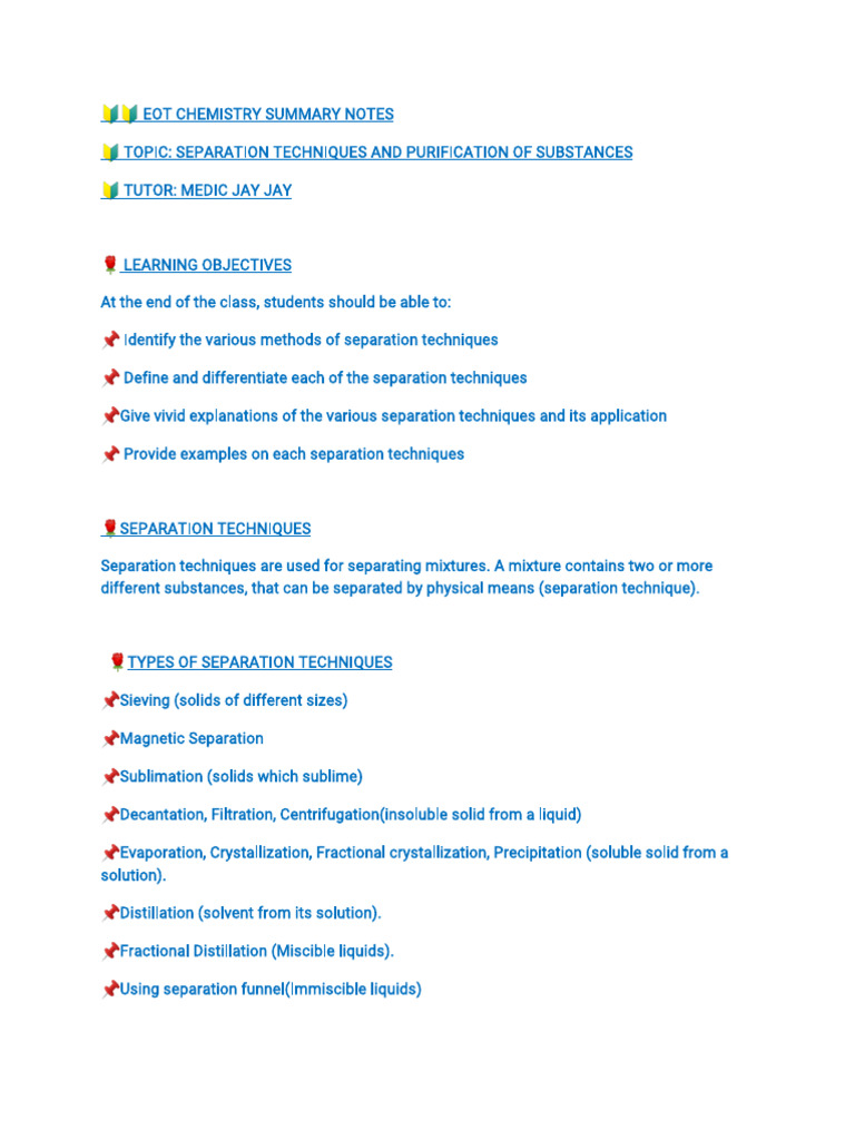 Separation Techniques Summary Notes | PDF