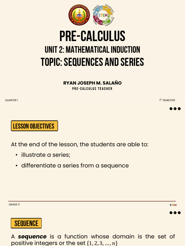 Precalculus Mathematical Induction Lesson5 Sequences and Series | PDF