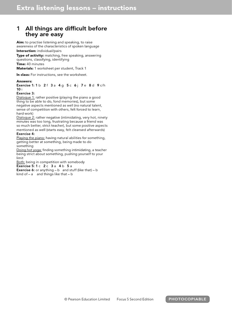 Focus5 2E Extra Listening Lesson 1 | PDF