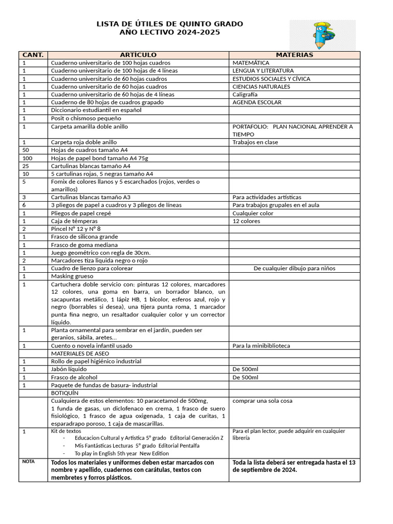 Lista de Útiles de Quinto Grado 2024-2025 | PDF