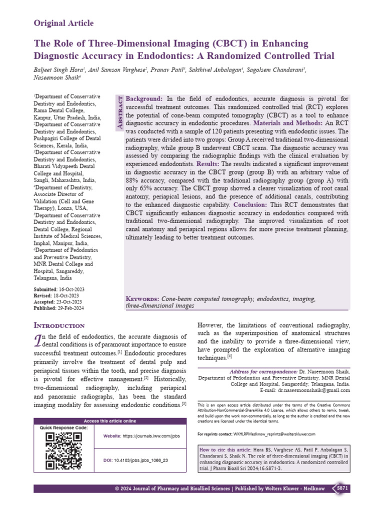 The Role of Three Dimensional Imaging CBCT in Enhancing Diagnostic ...