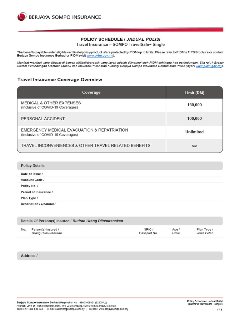 Travel Insurance Coverage Overview: Policy Schedule | PDF