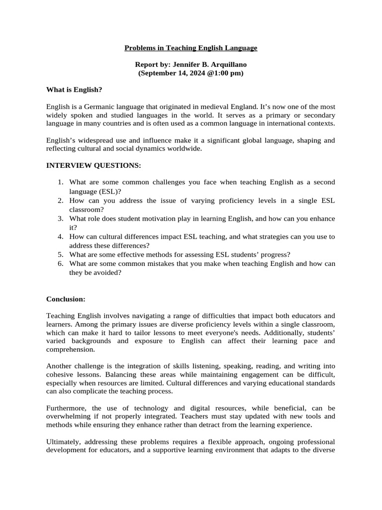 Problems in Teaching English Language Arquillano Jennifer | PDF