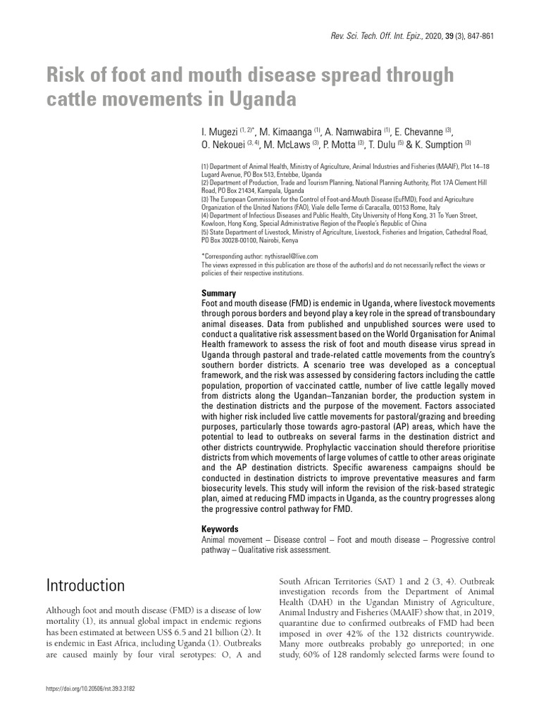 Risk of Foot and Mouth Disease Spread in Uganda | PDF