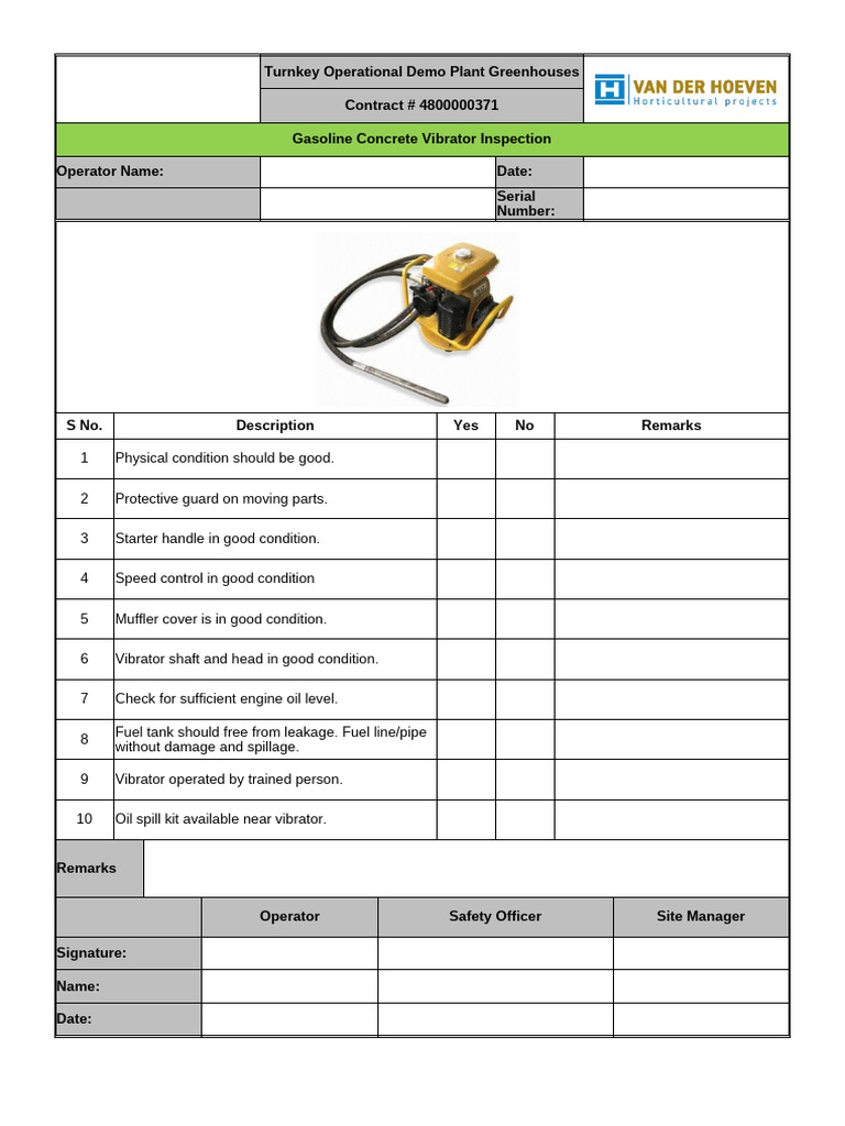 Concrete Vibrator Inspection Checklist | PDF