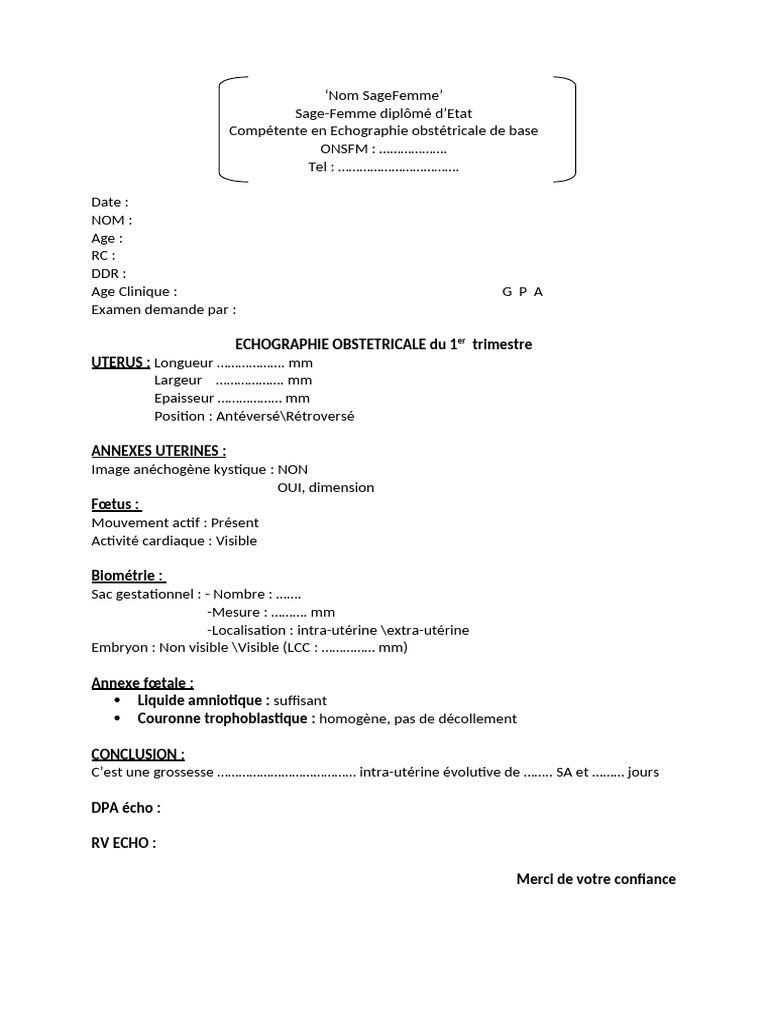 Compte Rendu ECHOGRAPHIE OBSTETRICALE | PDF