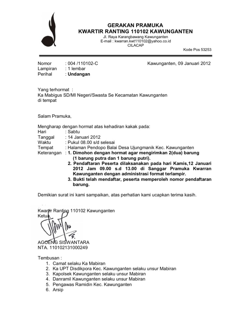 Contoh Surat Pemberitahuan Kegiatan Pramuka Ke Kwarran
