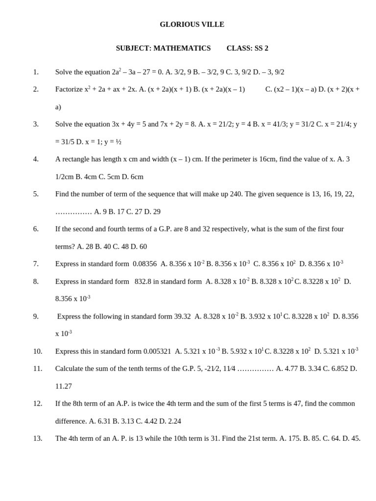 GVMC ss2 First Term Maths | PDF