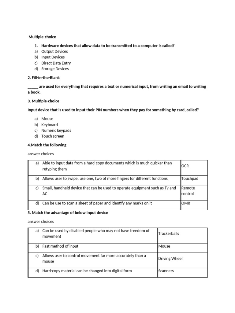 Input and Output Devices Quiz | PDF