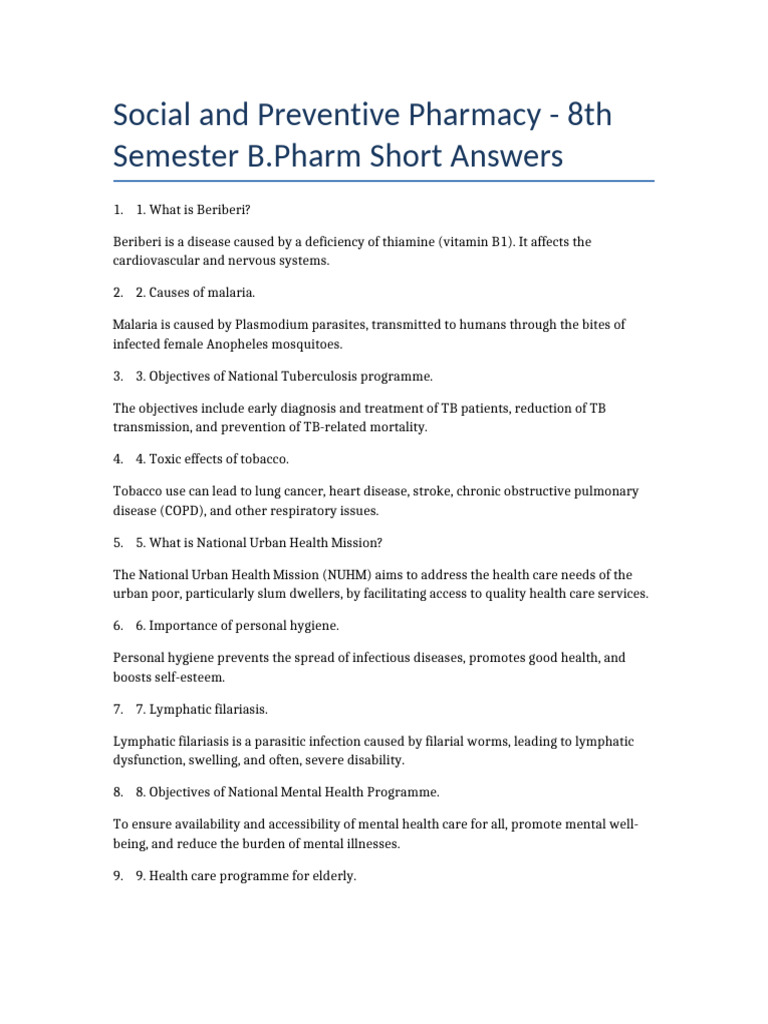 Social and Preventive Pharmacy Short Answers | PDF