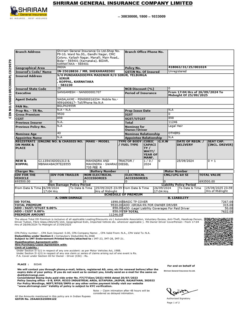 Tractor Insurance Policy Details | PDF | Vehicles | Insurance