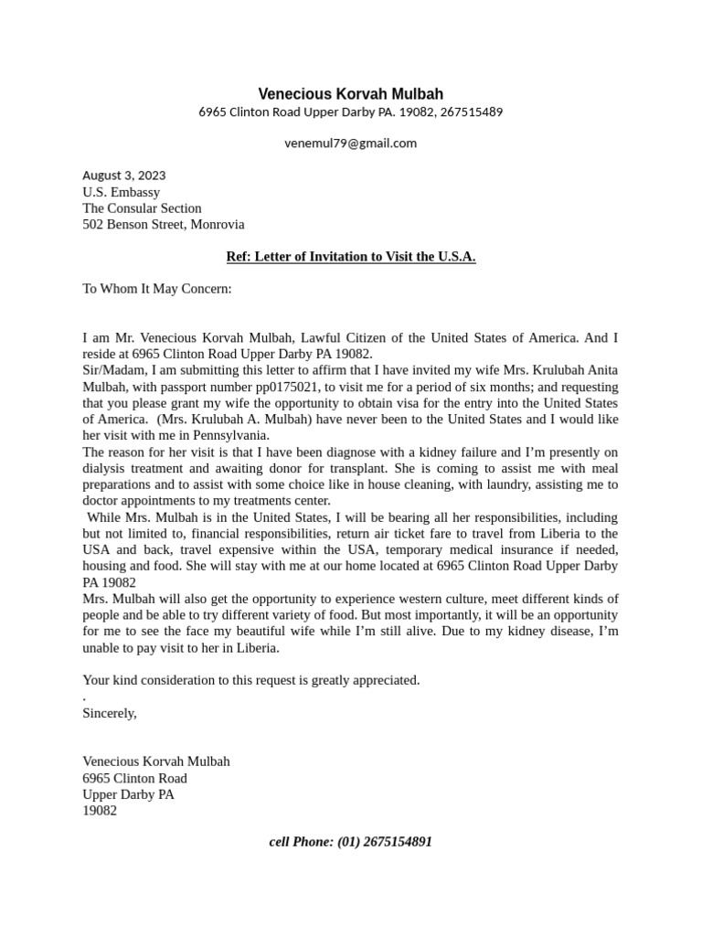 Invitation Letter To For Visit To The US. | PDF