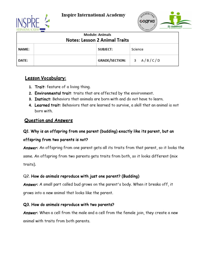 WK - 5 - Sci - Animals - L2 Notes&WS | PDF | Reproduction | Language ...