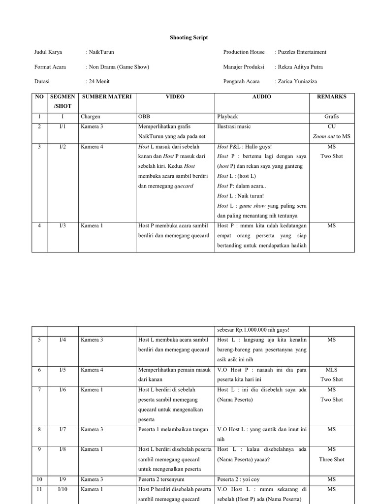 Shooting Script Game Show | PDF | Olahraga & Rekreasi