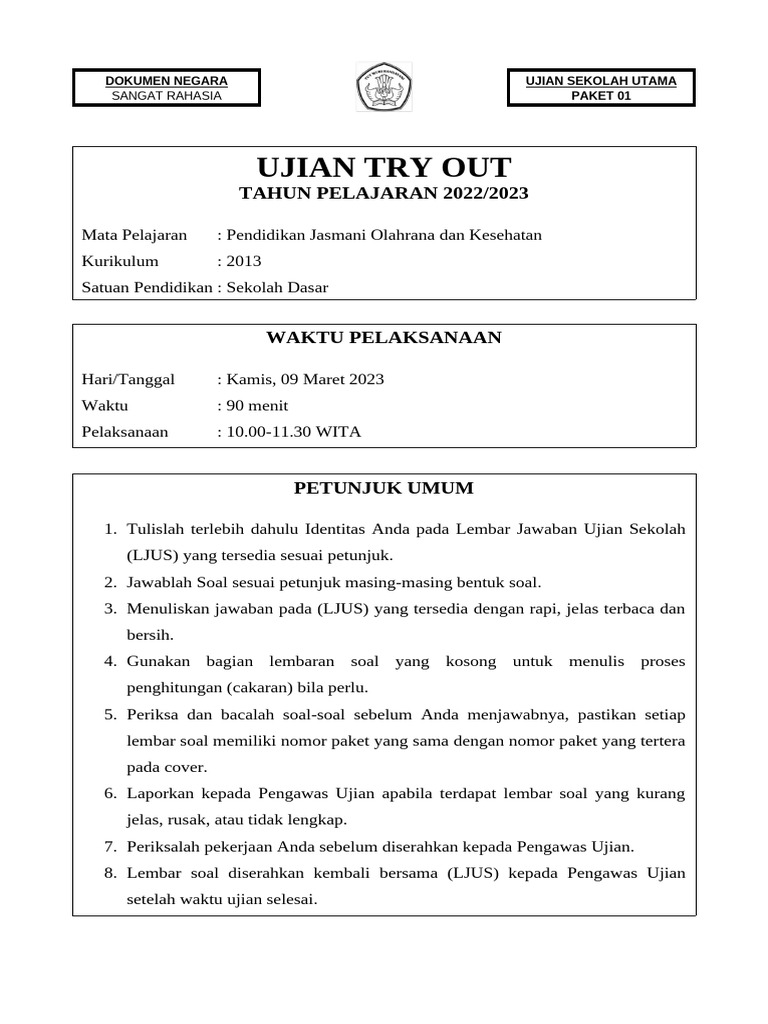 Soal Try Out Pjok | PDF