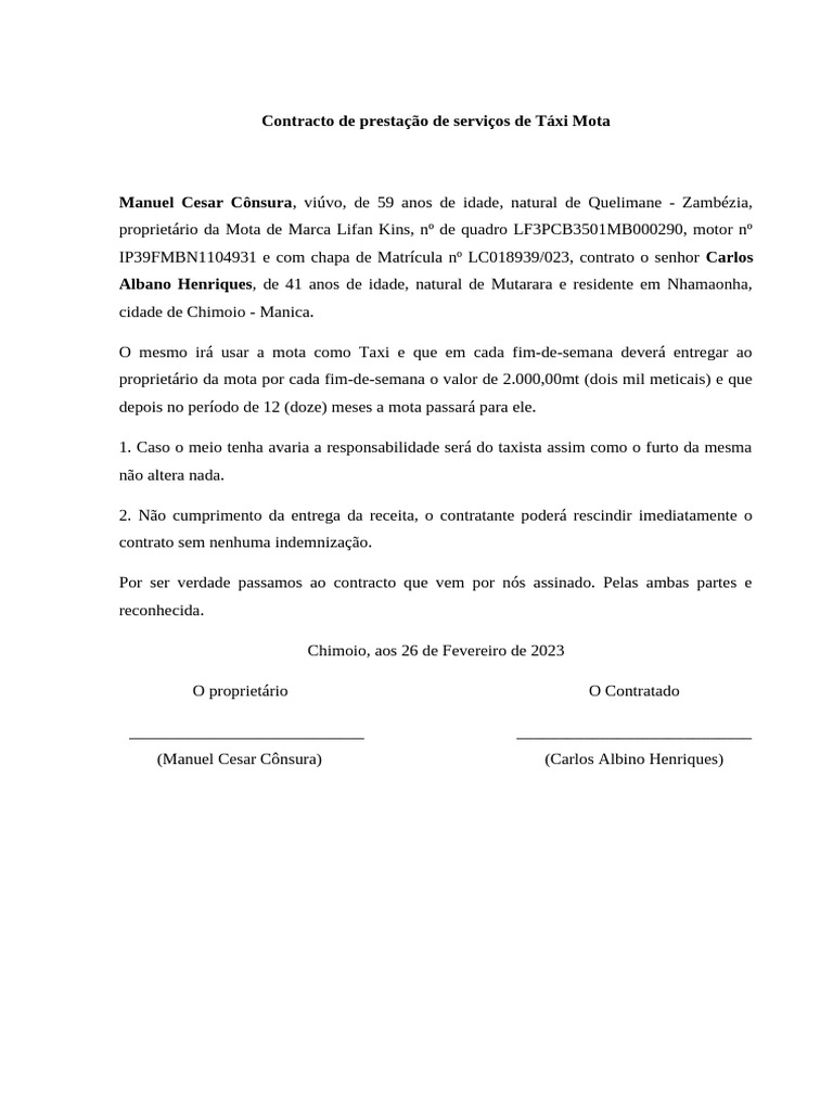 Contracto de Prestação de Serviços de Táxi Mota | PDF