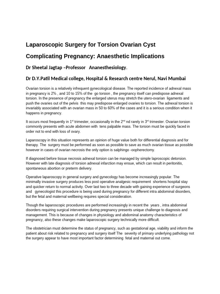 Laparoscopic Surgery For Torsion Ovarian Cyst IN PREGNENT PATIENTS | PDF