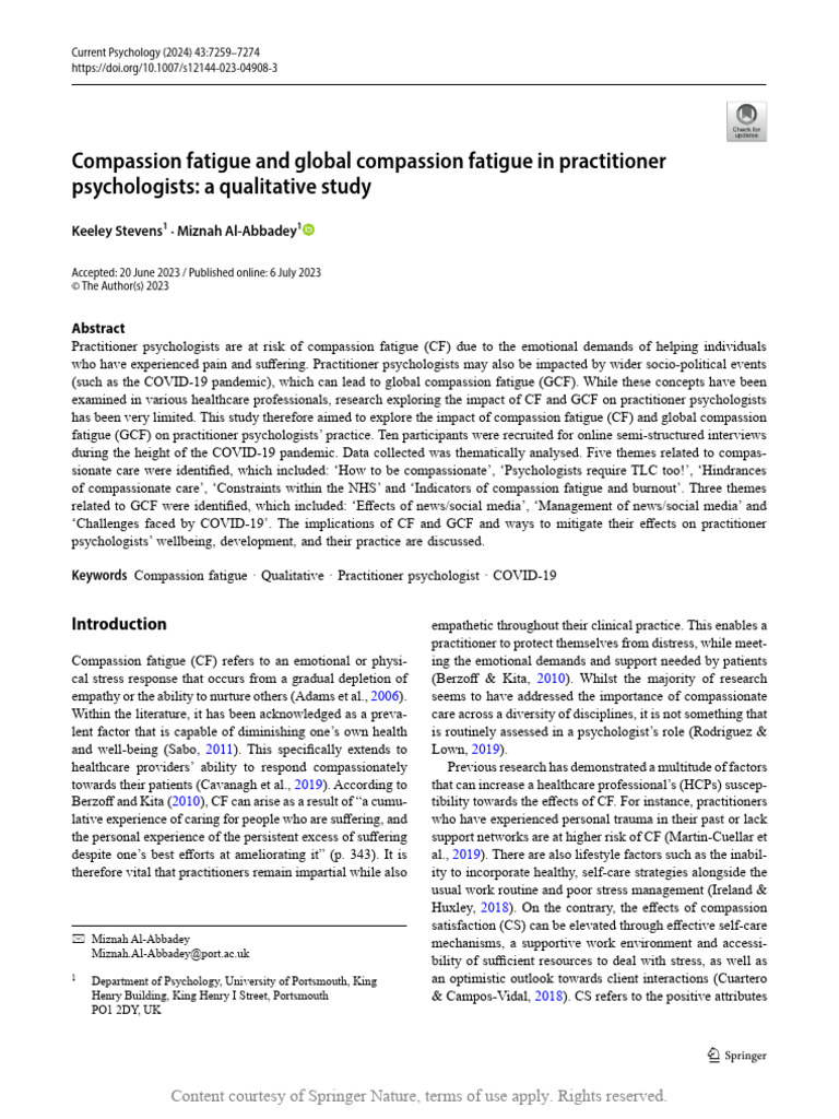 Compassion Fatigue and Global Compassion Fatigue I | PDF