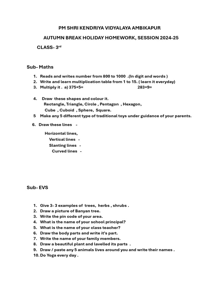 Autumn Break Homework | PDF