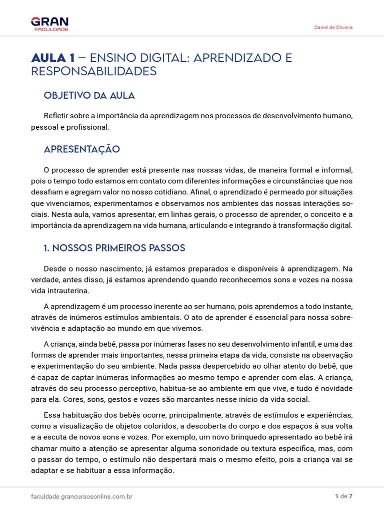 Importância da Aprendizagem Digital | PDF | Aprendizado | Carreira e ...