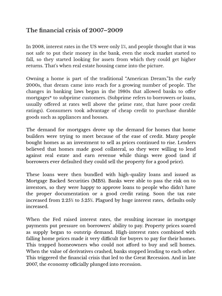 Financial Crisis of 2007-2009 | PDF | Loans | Mortgages