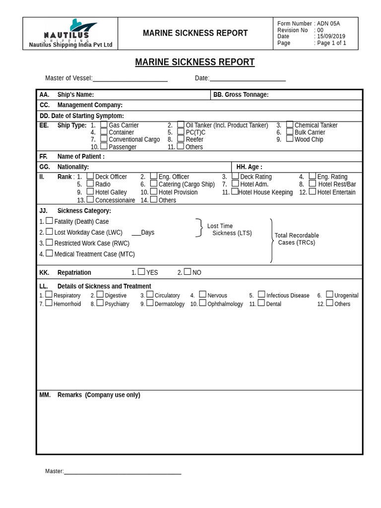 Adn 05a - Marine Sickness Form | PDF | Ships | Merchant Navy