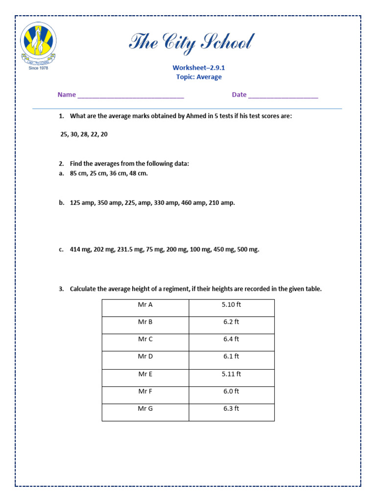 Class 5 Worksheet 2.9.1 - Average | PDF