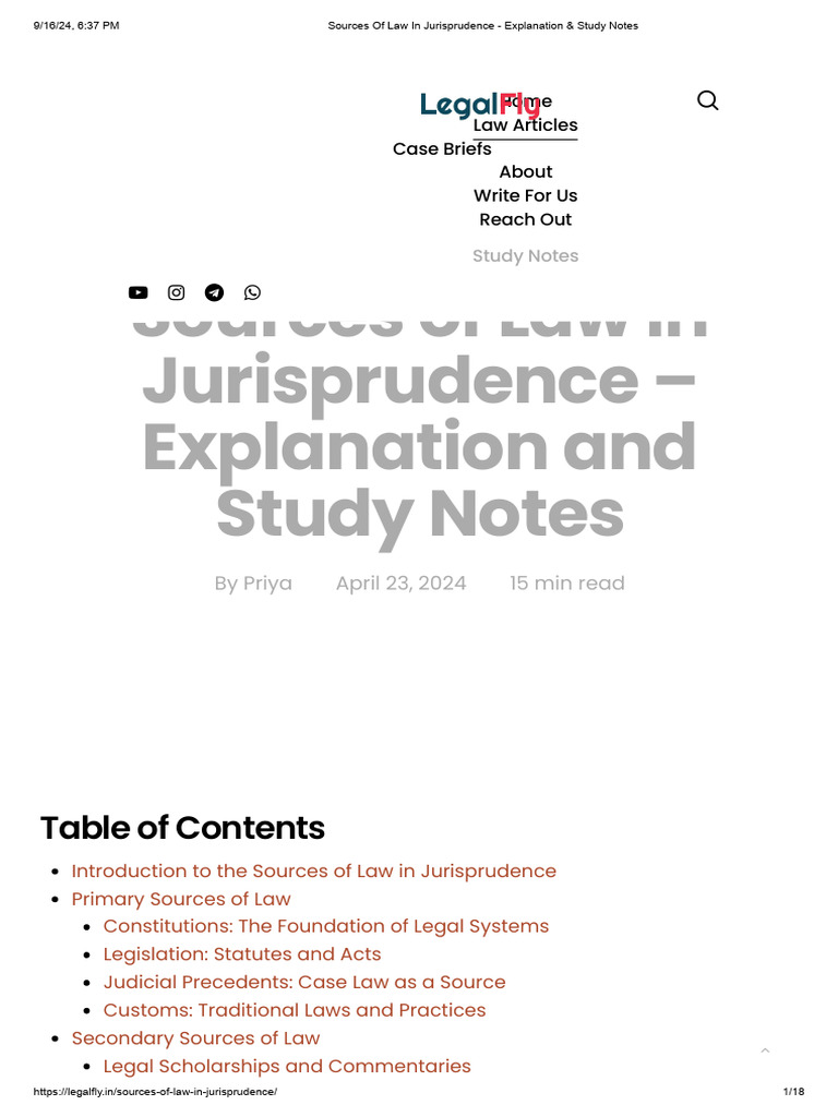 Sources of Law in Jurisprudence - Explanation & Study Notes | PDF
