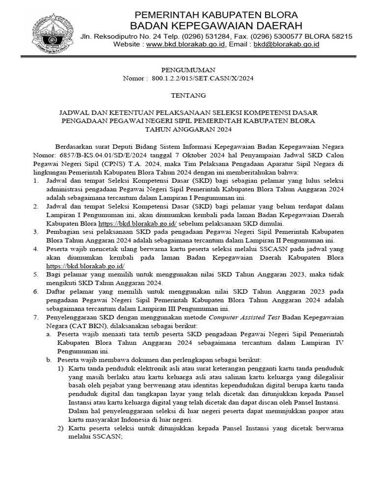 Pengumuman Jadwal SKD 2024 PDF