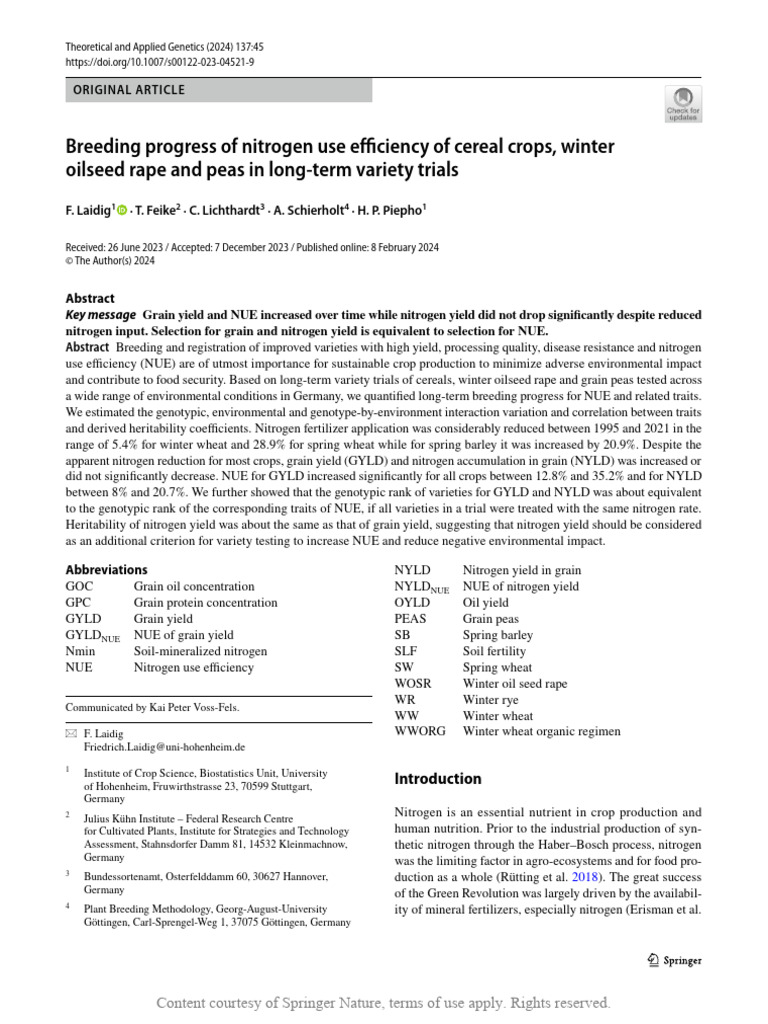 Breeding Progress of Nitrogen Use Efficiency of Ce | PDF