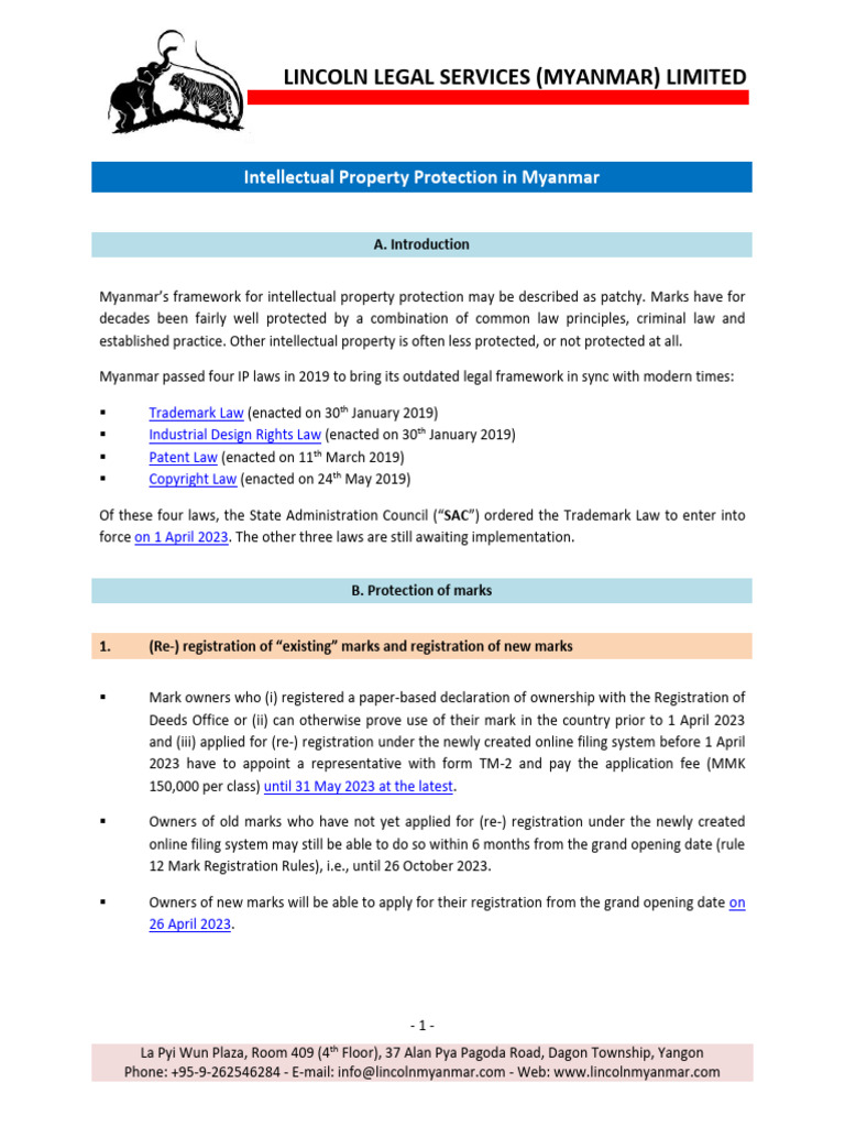 Intellectual Property Protection in Myanmar Updated April 2023 | PDF