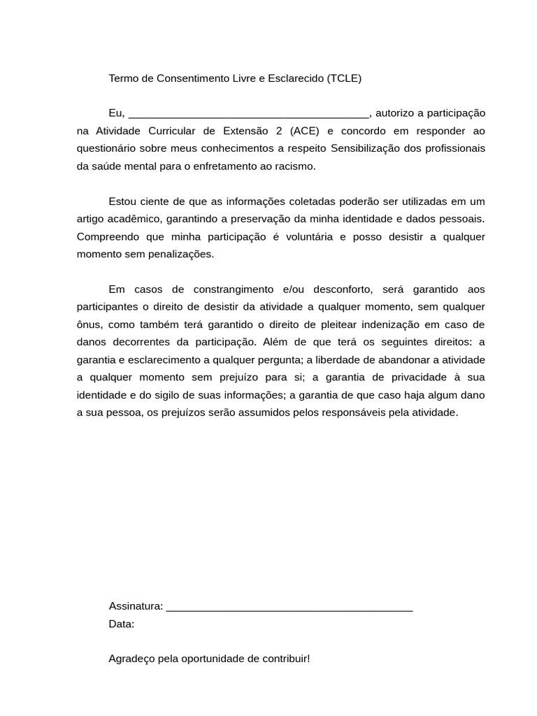 Termo de Consentimento Livre e Esclarecido | PDF