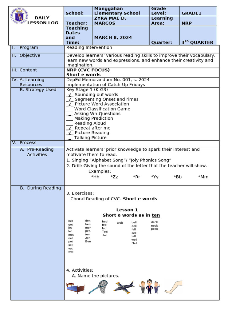 Grade 1 Reading Intervention Plan | PDF | Learning | Behavior Modification