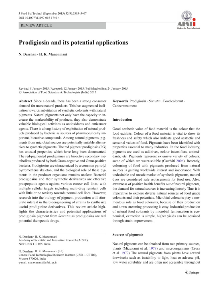 Prodigiosin and Its Potential Applications: Review Article | PDF