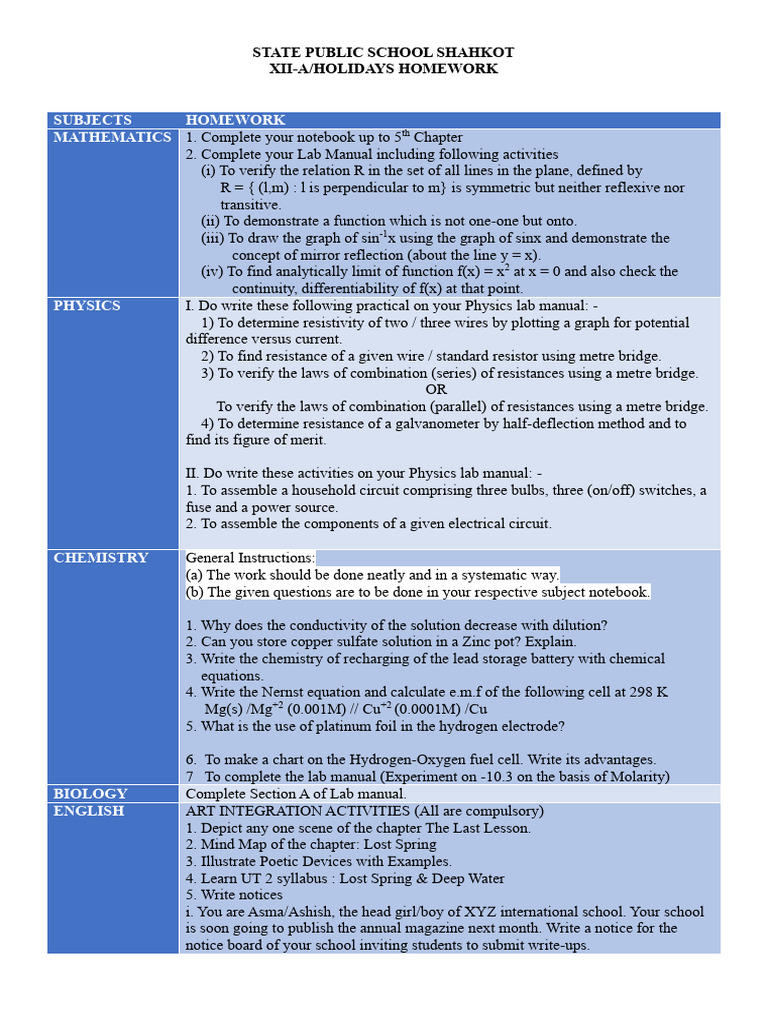Holidays homework xii a pdf