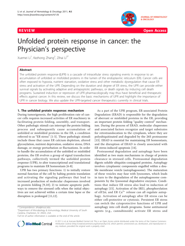 Li 2011 Unfolded Protein Response in Cancer: The Physician's ...