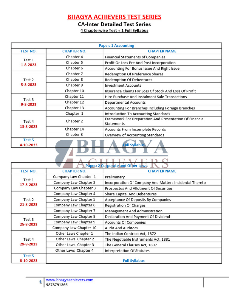 August Detail Test Series Schedule Plan CA Inter Nov-23 | PDF | Income ...