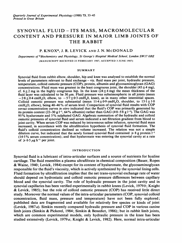 Synovial Fluid Composition and Pressure | PDF