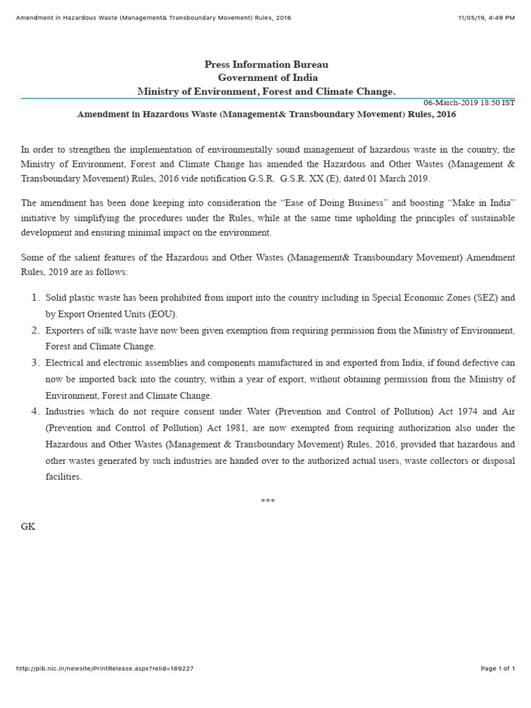 Amendment in Hazardous Waste (Management& Transboundary Movement) Rules