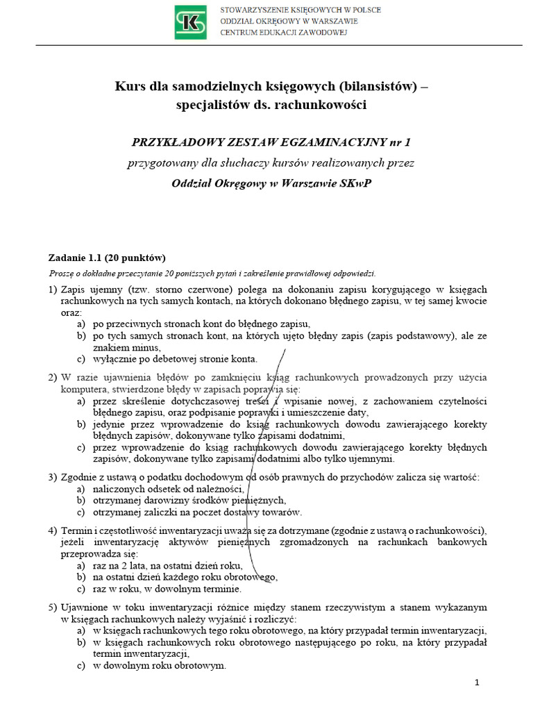 Przykładowy Zestaw Egzaminacyjny SKWP | PDF