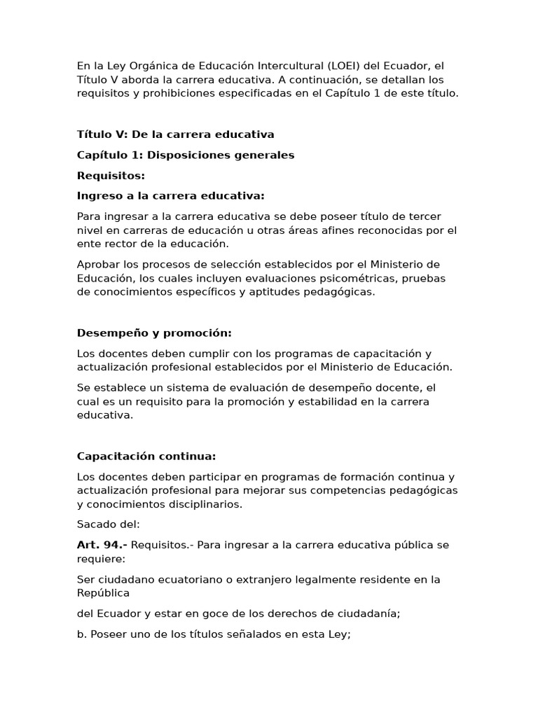 En La Ley Orgánica de Educación Intercultural Requisitos y ...