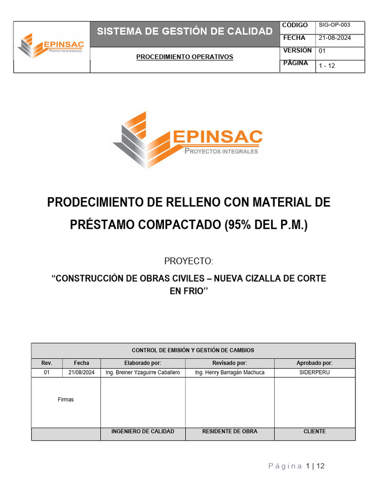 Sig-Op-003 Procedimiento de Relleno Con Material de Prestamo | PDF