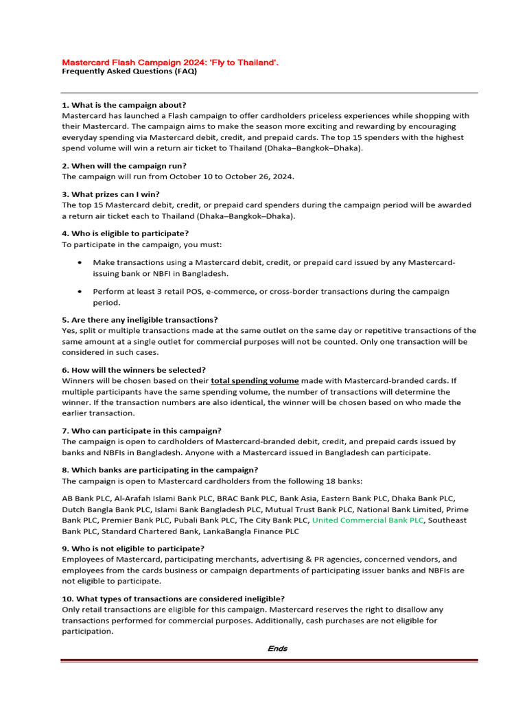 Faq Mastercard Flash Campaign 2024 Fly To Thailand | PDF