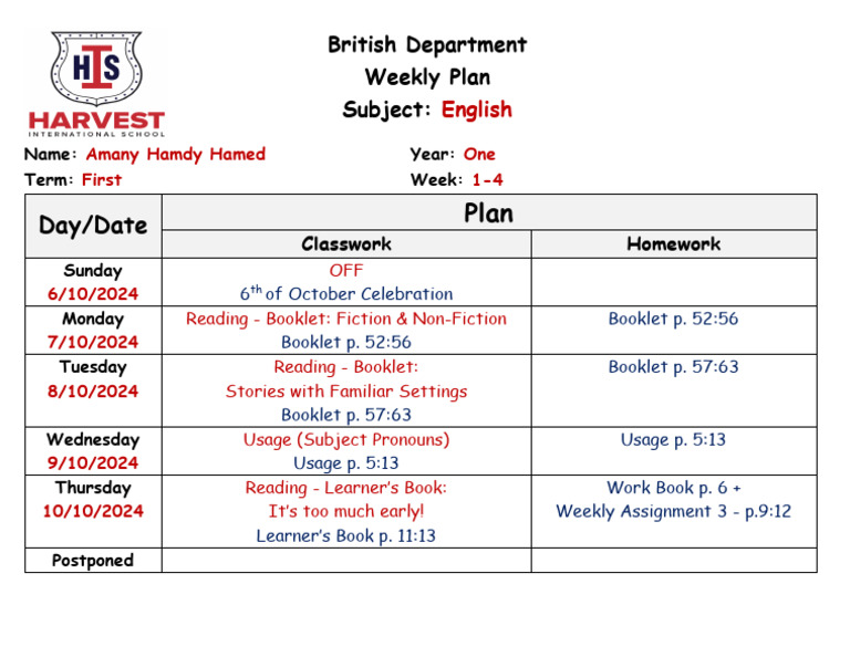 Weekly Plan - Week 1-4 | PDF