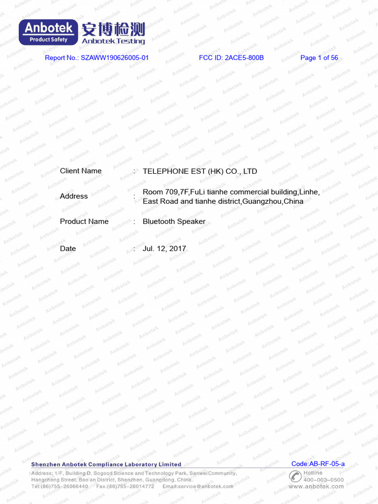 FCC Test Report: Shenzhen Anbotek Compliance Laboratory Limited | PDF