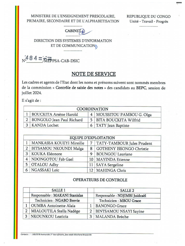 Note de Service Controle de Saisie Des Notes Bepc 2024 | PDF
